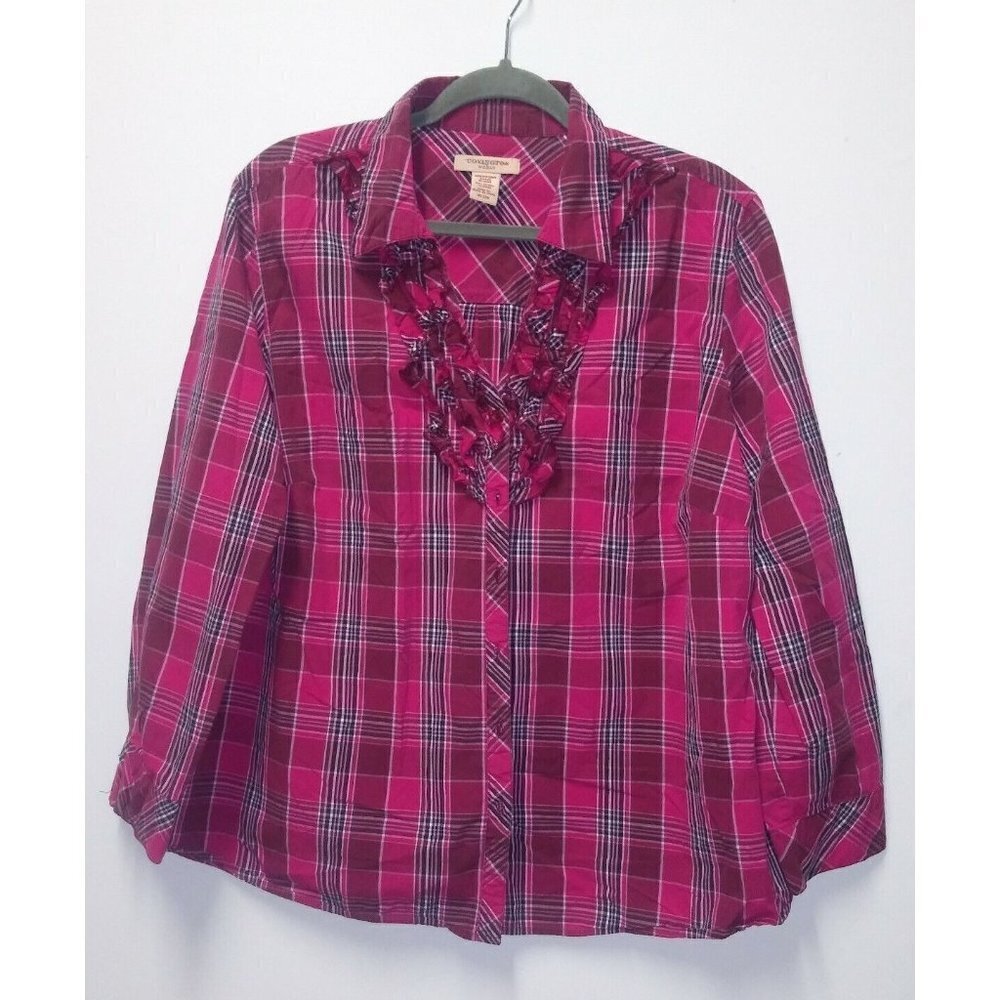 COVINGTON womens Plaid pink Top 20/22W collar Career stretch LS ruffle button-up